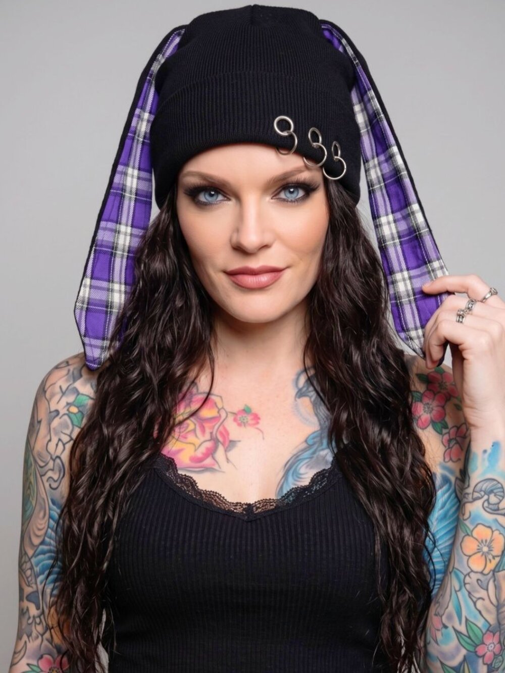Widow ✦ Unhappy Again Bunny Beanie ✦ Purple Plaid Ears & Rings Black/Purple Knit